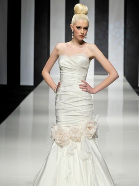 Ian Stuart Peaches simple mermaid wedding dress with floral detail and short train front view.