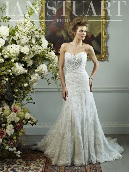 Ian Stuart Sapphire A line wedding dress in silver blue with metallic lace front view.