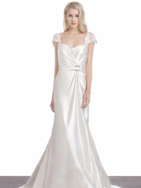 LM Florence plain A line wedding dress with cap sleeves low back and vintage styling front view.