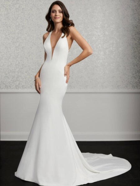 Adrianna Papell 31118 plain fitted wedding dress with plunge neckline chic and sexy front view.
