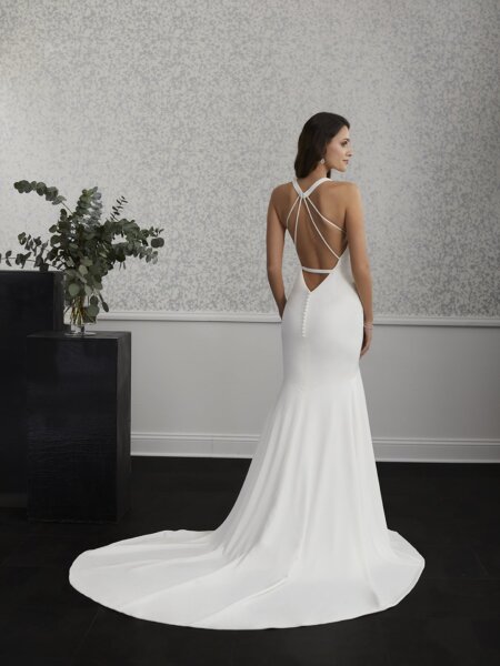 Adrianna Papell 31118 plain fitted wedding dress with dramatic low back chic and sexy back view.