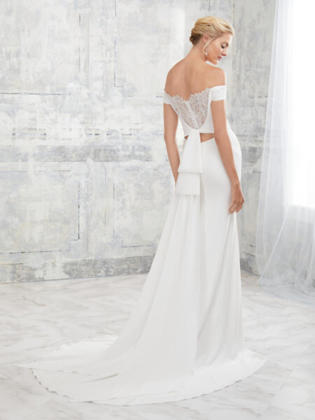 Adrianna Papell Platinum 31126 plain off the shoulder fitted wedding dress with statement lace back view.