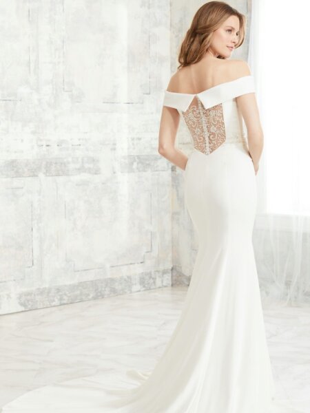 Adrianna Papell Platinum 31135 plain fitted off the shoulder wedding dress with statement beaded back view.