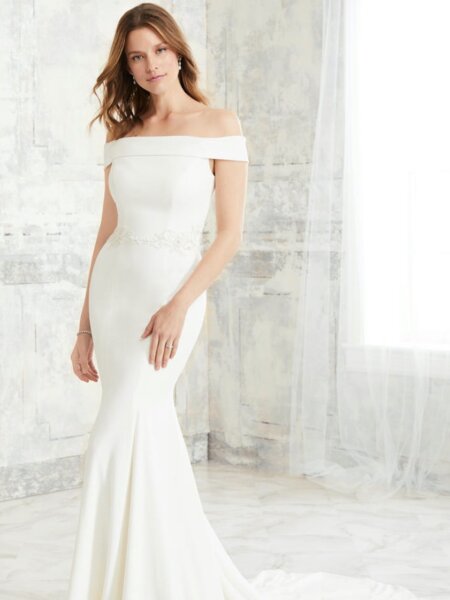 Adrianna Papell Platinum 31135 plain fitted off the shoulder wedding dress with beaded back front view.