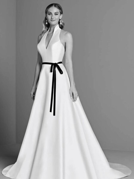 Art Couture AC931 plain halter neck A line wedding dress front.