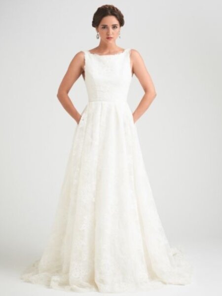 Caroline Castigliano Mesmerising lace wedding dress with high neck and low back front view.