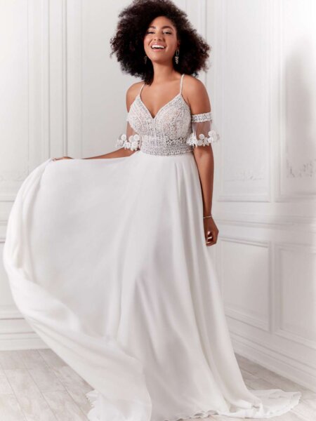 Christina Wu 22038 A line boho wedding dress with lace bodice statement back and detachable floaty sleeves front view.