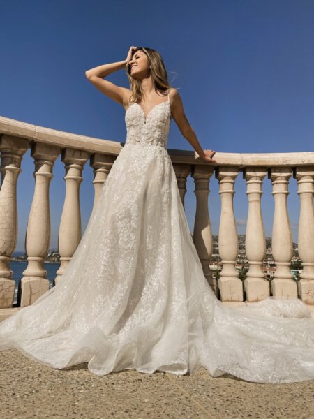 Essense of Australia beaded lace wedding dress front.