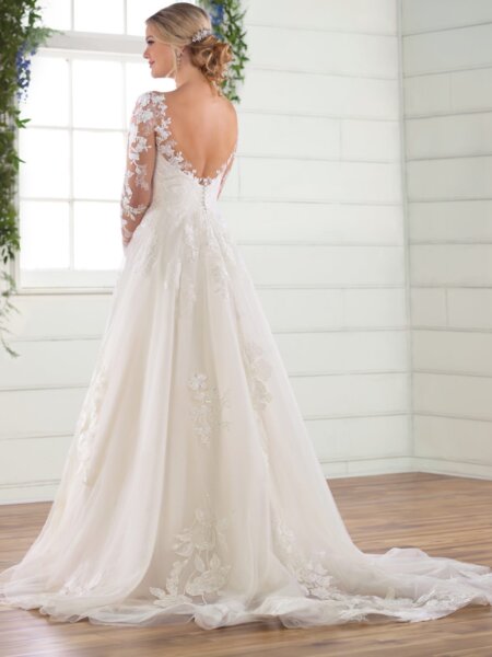 Essense of Australia D2805 long sleeved lace ballgown wedding dress with V neck and V back view.