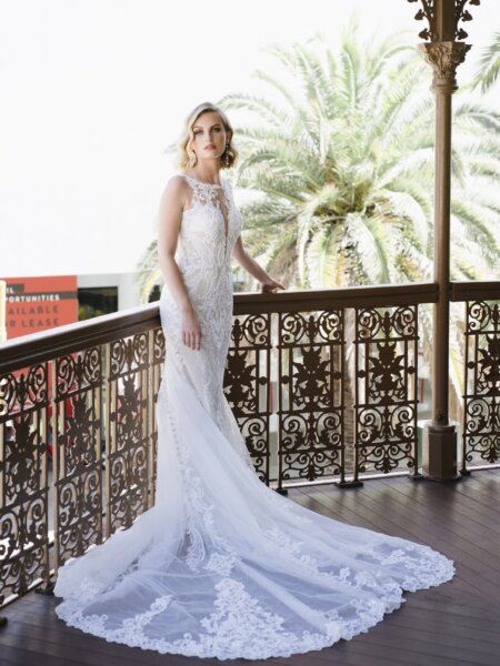 Essense of Australia D3153 lace wedding dress with train detail front.