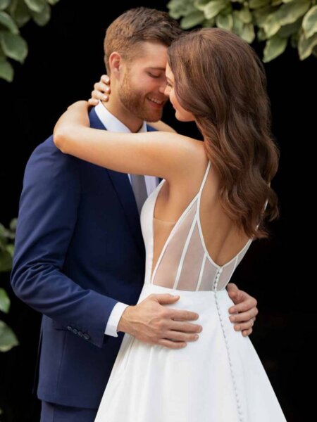 Essense of Australia D3080 plain sophisticated ballgown wedding dress with statement boned back.
