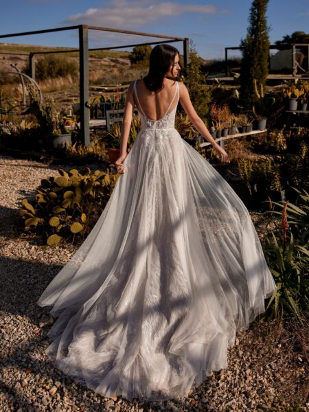 Libelle sparkle and lace wedding dress with train back.