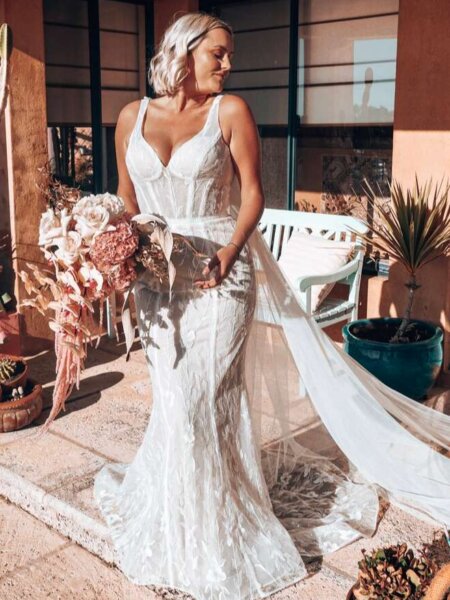 Rachel Rose fitted wedding dress with boned bodice in shimmering body sculpting linear lace front view with detachable angel wings.