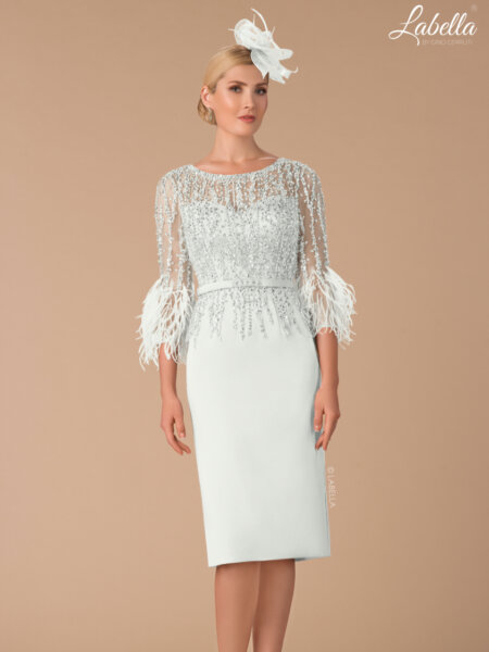 Gino Cerruti Labella 3097 mother of the bride dress with feather sleeve detail.