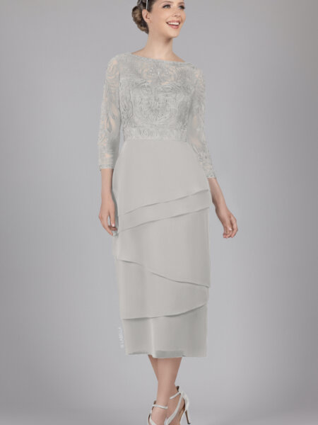 Gino Cerruti Labella mother of the bride dress with floaty layered column skirt.