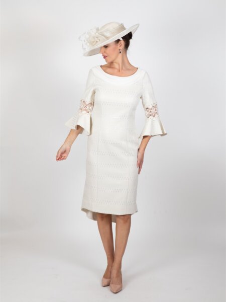 Lizabella mother of the bride dress knee length with floaty sleeves front.