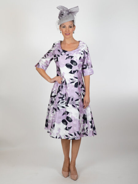 Lizabella mother of the bride dress A line with swing skirt floral front.