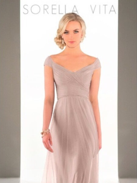 Sorella Vita 8920 off the shoulder bridesmaid dress in soft English tulle with column skirt sample sale size 14 colour stardust front.