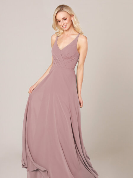 Sorella Vita 9314 V neck bridesmaid dress with rouched bodice crossover lace up back and slim A line skirt.