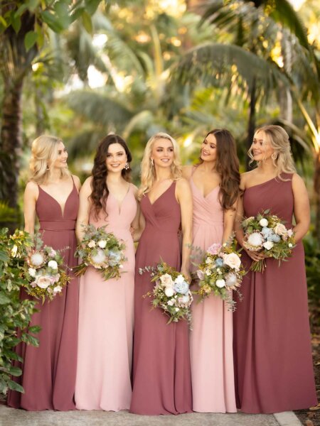 Sorella Vita 9320 V neck bridesmaid dress A line sample colour sangria order in 30 chiffon colours front group.