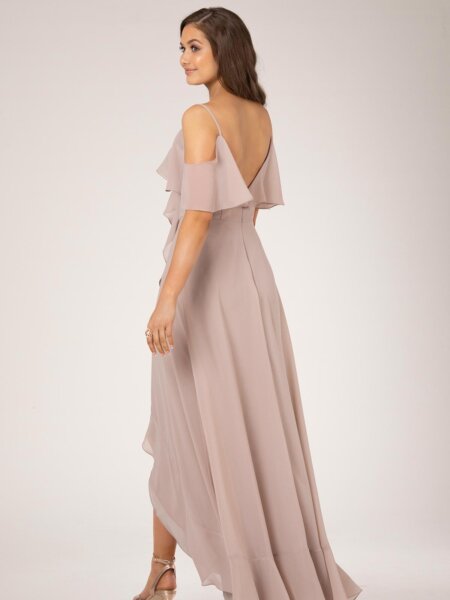 Sorella Vita V back chiffon bridesmaid dress with thin straps and high low ruffle skirt back.