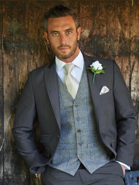 Stretton mohair mens wedding suit with waistcoat and tie.