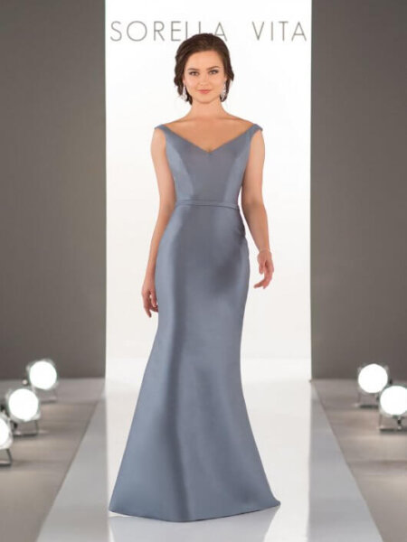 Sorella Vita 8964 fitted V neck wedding dress in blue grey size 16 front.