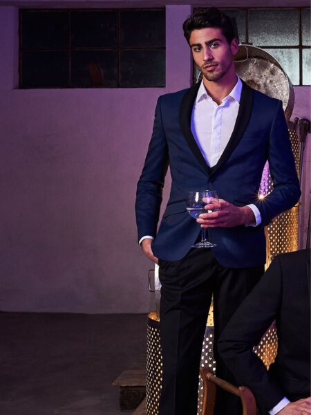 Ultra stylish blue check dinner jacket with black satin shawl collar by Torre.