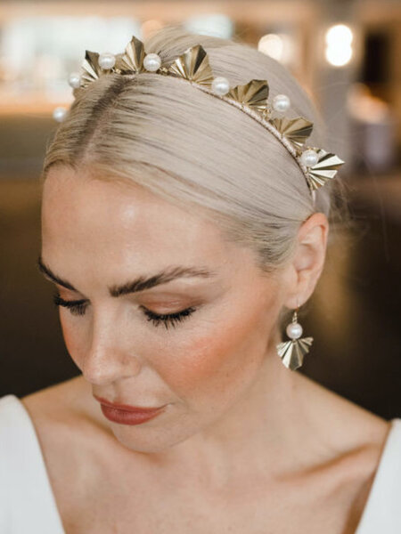 Vida wedding headband and earrings with pearls and pleated brass triangles.