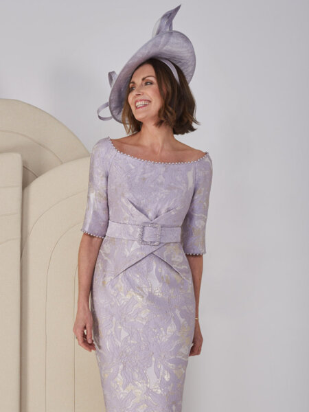 John Charles 28007 mother of the bride fitted dress with belted waisted detail front.