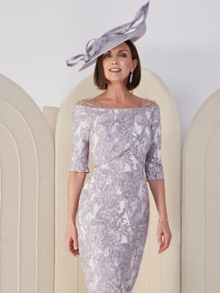 John Charles 28011 Mother of the Bride dress in lilac and silver with bateau neckline three quarter sleeves and beaded shoulder detail front.