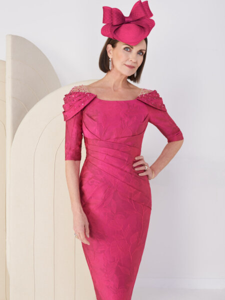 John Charles 28027 mother of the bride dress in fascia pink with shoulder detail and sleeves front.