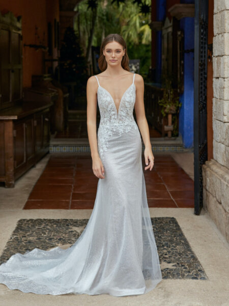 Libelle Bridal Hease fitted wedding dress with sparkle layer under lace detailing V neck and short train front close up.