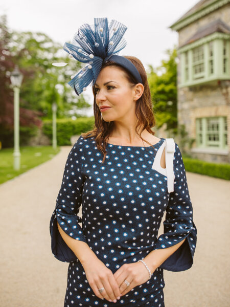 Lizabella 2548 30 fitted polka dot mother of the bride dress in navy and white.