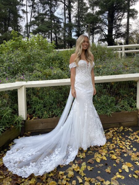 Essense of Australia D3639 off the shoulder fitted wedding dress with detachable shoulders and train full length.