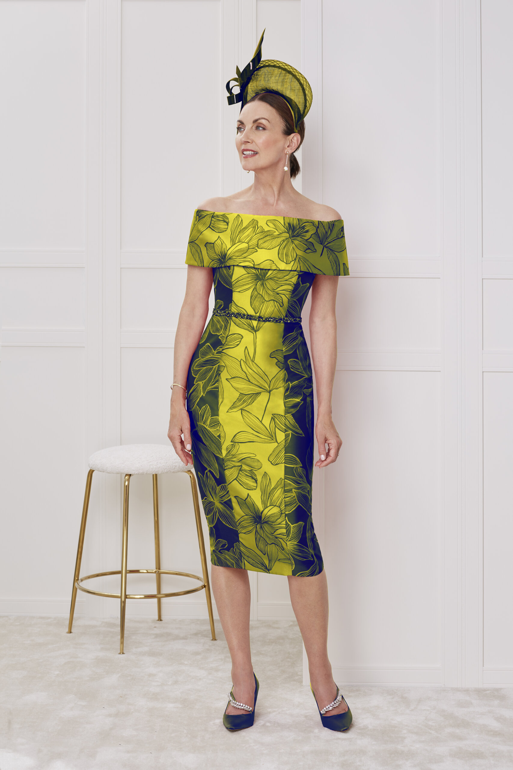 John Charles 29009 fitted mother of the bride dress bardot neckline Lime Navy front.