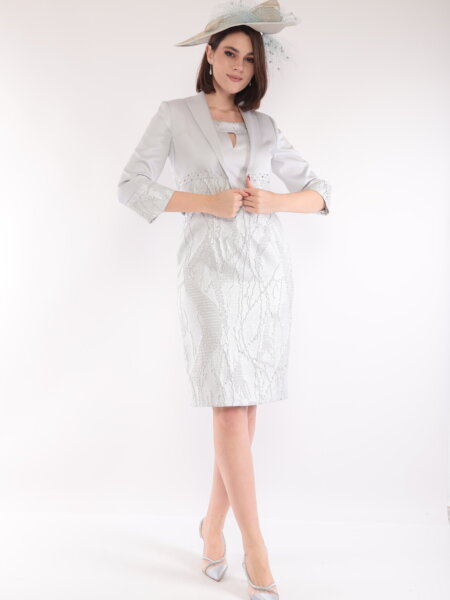 Bella 7082 17 stylish silver Mother of the Bride dress and jacket front.