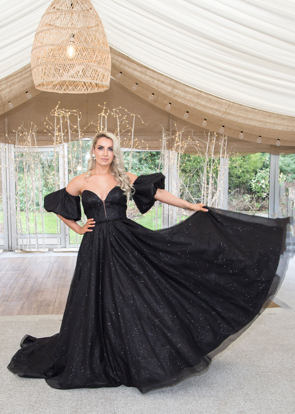 Dancing in the Moonlight sparkling black ballgown wedding dress designed by the Limelight team styled with detachable sleeves.