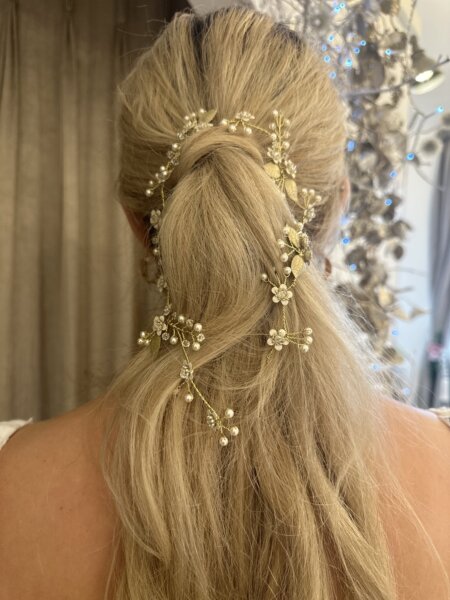 Arianna AR599 long hair vine with gold leaves and clusters of pearl flowers perfect for threading through all bridal hair styles.
