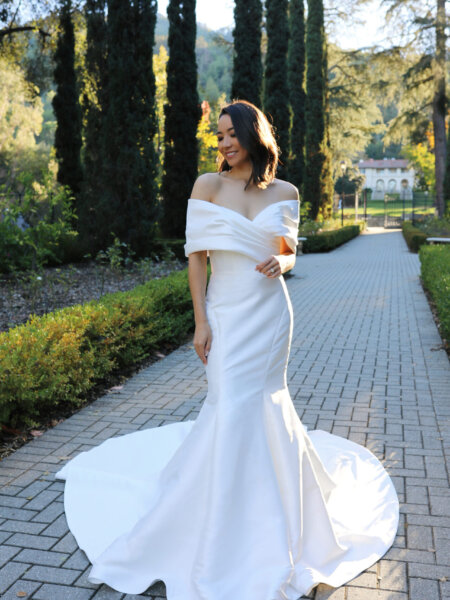Essense of Australia D3754 off the shoulder mermaid wedding dress in plain fabric with stunning statement collar full length front view.