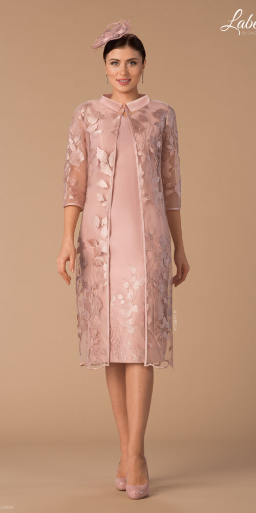 Gino Cerritti Labella pink Mother of the Bride fitted dress with transparent lace coat with Peter Pan collar.