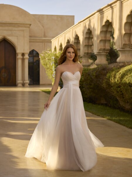 Herve Paris Cornelie plain strapless A line wedding dress in soft ivory and cappuccino ultra romantic front view.