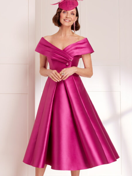 John Charles 29076 off the shoulder Mother of the bride and races dress with full A line skirt in magenta pink front view.