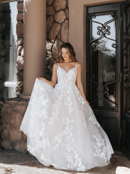 Essense of Australia D3771 A line wedding dress in floral lace with sweetheart neckline front view.