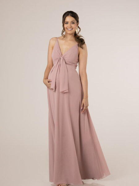 Sorella Vita 9790 maternity bridesmaids dress with V neck and wide straps for support front view.