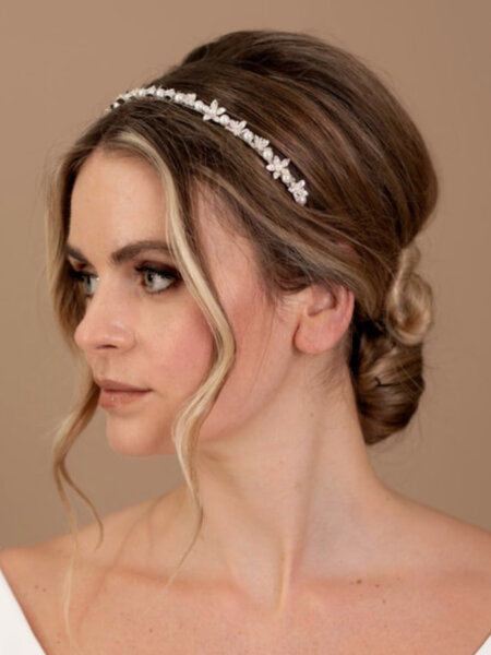 Arianna tiara AR730 ultra slim silver headband decorated with tiny flowers and pearls.