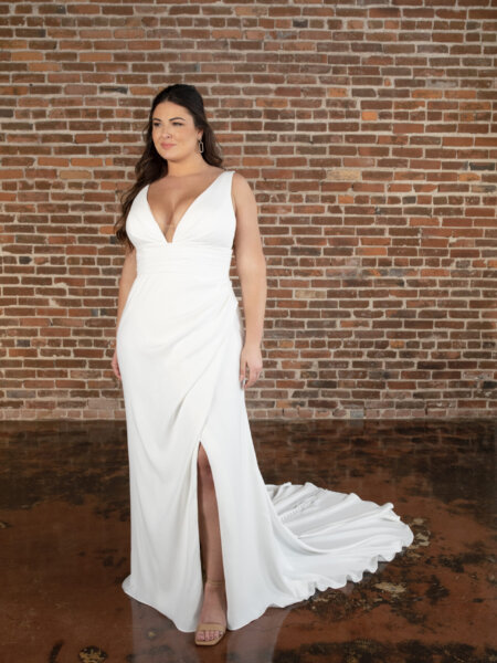 Essense of Australia D3802 plain fitted wedding dress with flattering rouching at the waistline wide straps and leg split front view plus size.