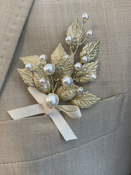 Arianna ARB110 Groom's buttonhole with gold leaf spray and pearls.