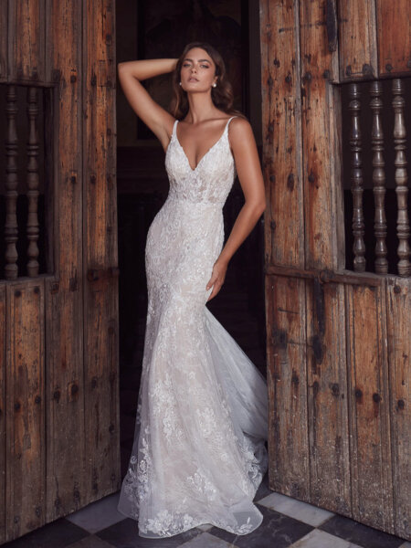 Calla Blanche123120 Amani fitted V neck wedding dress in softly sparkling lace front view.