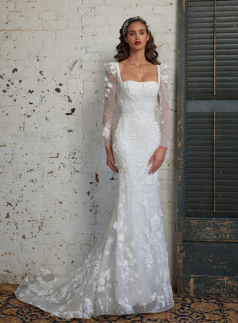 Calla Blanche 123249 Anthea square neck fitted wedding dress with long sleeves in pretty botanic lace full length front view.